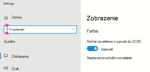 Možnosť nočného osvetlenia Windowsu vybratá v nastaveniach obrazovky.