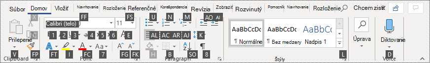 Klávesové skratky na páse s nástrojmi vo Worde 365