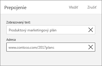 Príkaz Prepojenie s textom na zobrazenie a adresou