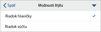 Rozbalený príkaz Možnosti štýlu, vybratá možnosť Riadok hlavičky