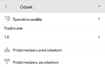 Ponuka formátovania odseku vo Worde pre Android