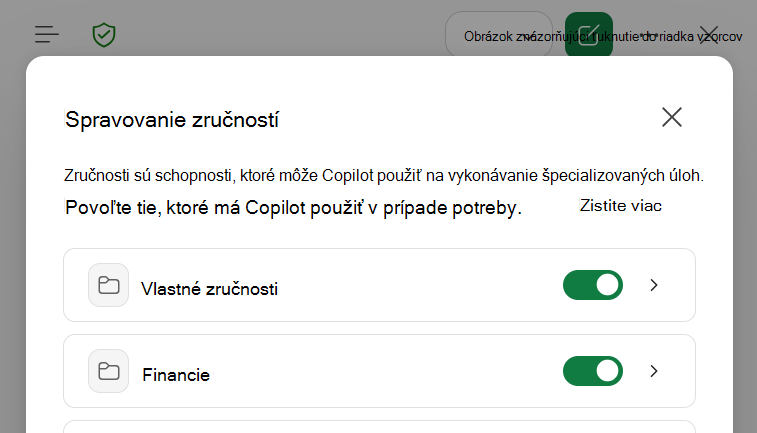 Snímka obrazovky dialógového okna Správa zručností Copilota v Exceli.