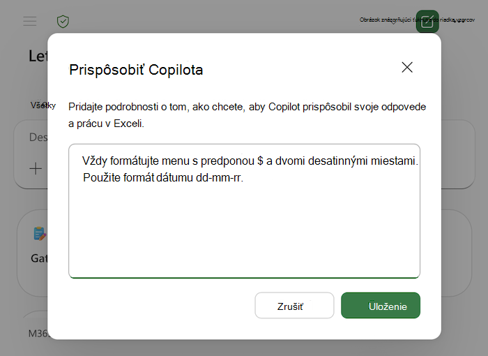 Snímka obrazovky dialógového okna prispôsobenia Copilota v Exceli vrátane príkladov v textovej oblasti.