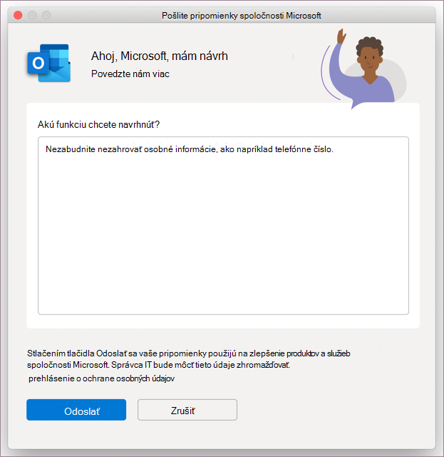 Dialógové okno pripomienok pre Outlook v systéme MacOS