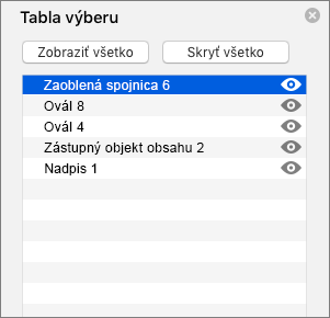 Zobrazuje tablu výberu v PowerPointe 2016 pre Mac