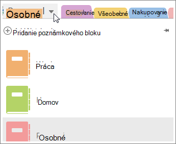 Prepínanie medzi poznámkovými blokmi pomocou ponuky na ľavej strane.