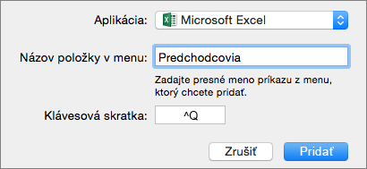 Príklad vlastnej klávesovej skratky v Office 2016 for Mac