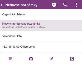 Zoznam naposledy otvorených poznámok vo OneNote pre Android