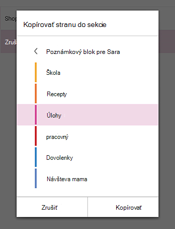 Ponuka Kopírovať stranu do sekcie vo OneNote pre Android