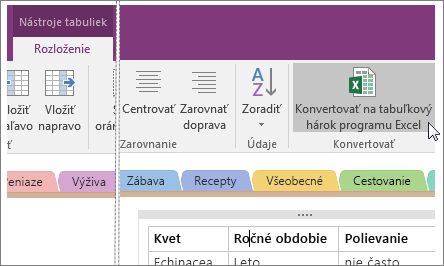Snímka obrazovky s tlačidlom Konvertovať na tabuľkový hárok Excelu vo OneNote 2016.