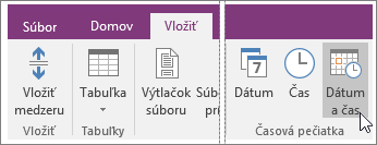 Snímka obrazovky s tlačidlom Dátum a čas vo OneNote 2016.