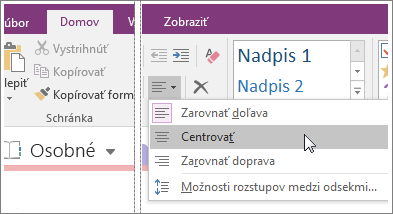 Snímka obrazovky tlačidla Zarovnanie odseku vo OneNote 2016.