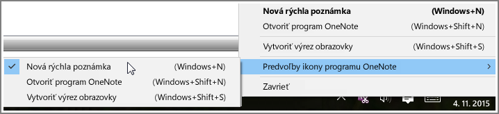 Snímka obrazovky zobrazujúca panel úloh s možnosťami OneNotu
