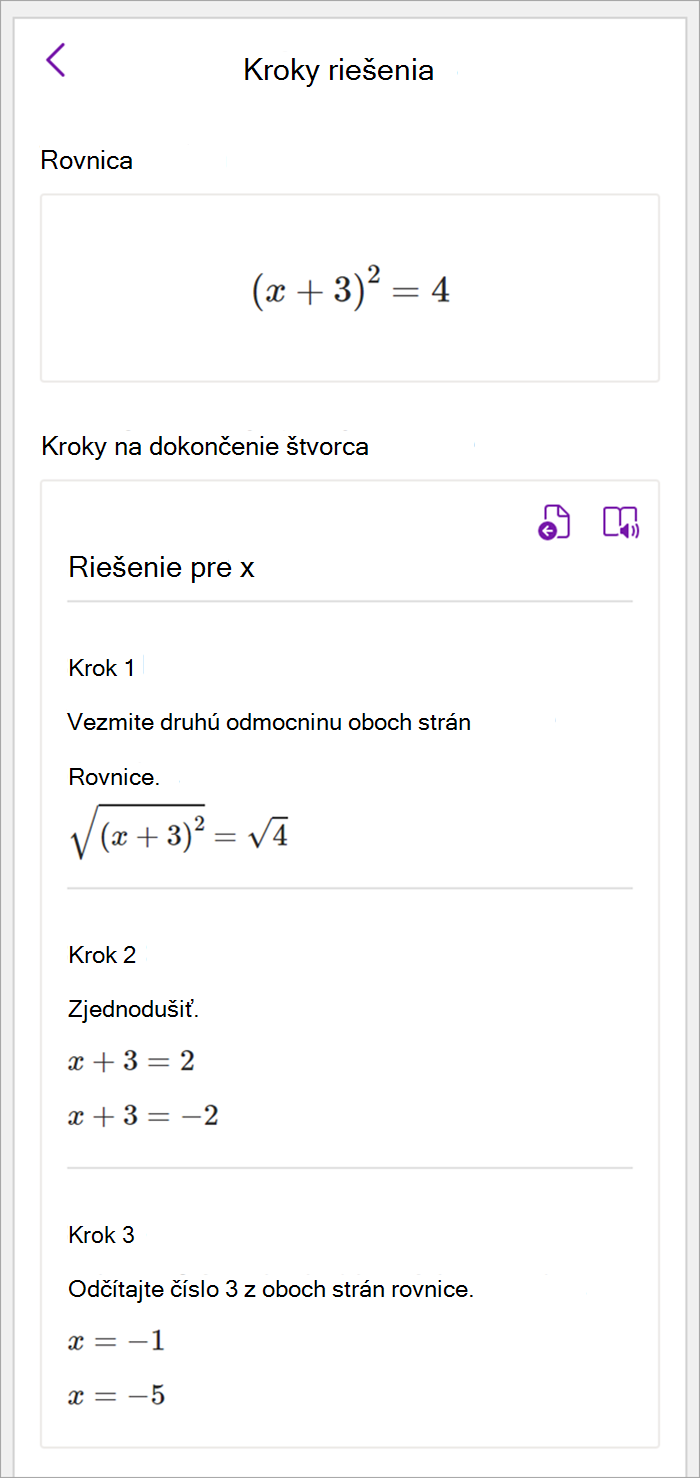 Snímka obrazovky s tablou s matematickými funkciami v počítačovej verzii OneNotu. Zobrazené sú kroky riešenia na použitie metódy dokončenia štvorca na vyriešenie x.