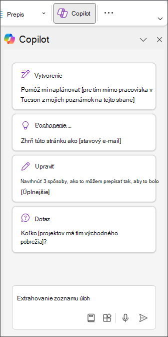 Na table Copilot vo OneNote zadajte výraz Extrahovať zoznam úloh
