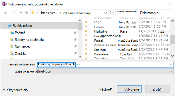 OneNote pre Windows 2016, dialógové okno Vytvorenie nového poznámkového bloku