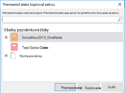 OneNote pre Windows 2016, dialógové okno Premiestnenie alebo kopírovanie sekcie