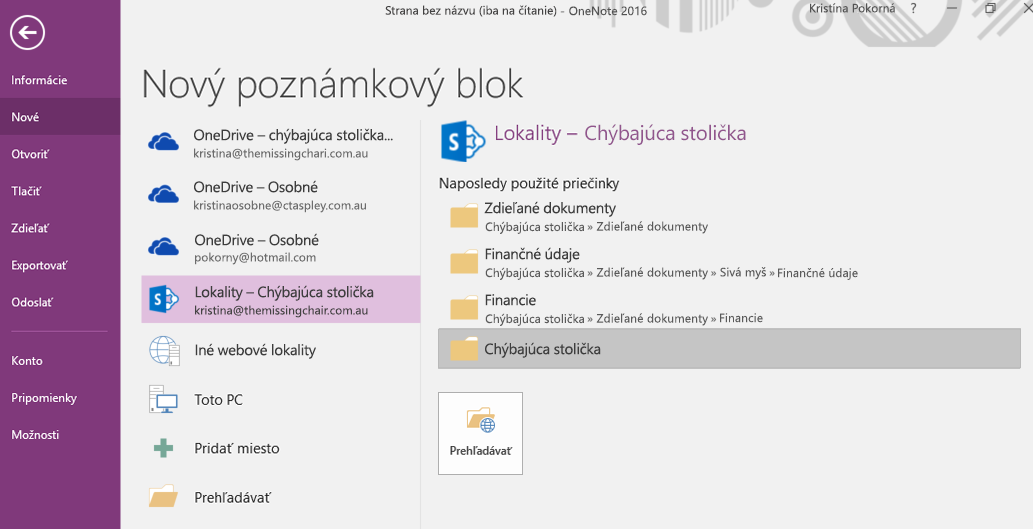 OneNote pre Windows 2016, rozhranie výberu priečinka pre nový poznámkový blok