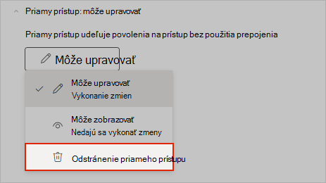 Snímka obrazovky OneNotu zobrazujúca postup odstránenia priameho prístupu na zdieľanie