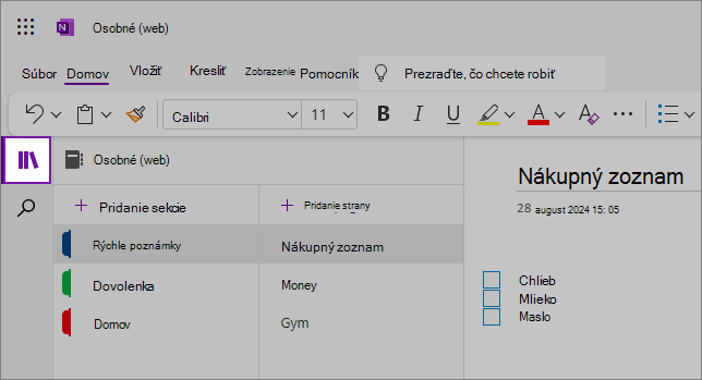 Zobrazenie webového používateľského rozhrania OneNotu so zobrazením oblasti obsahu