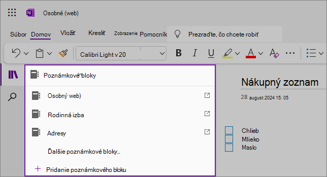 Snímka obrazovky so vzorovým rozbaľovacím zoznamom onenotových poznámkových blokov