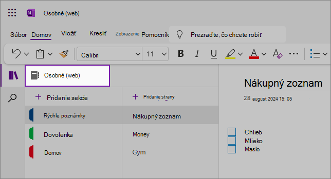 Zobrazenie webového používateľského rozhrania OneNotu so zobrazením oblasti obsahu