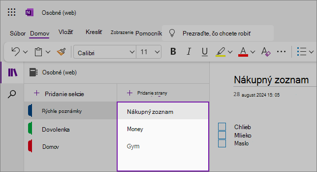 Zobrazenie webového používateľského rozhrania OneNotu so zobrazením oblasti obsahu