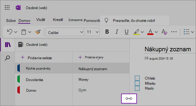 Snímky obrazovky zobrazujú postup zmeny veľkosti navigačných tabiel OneNotu
