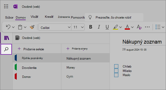 Zobrazenie webového používateľského rozhrania OneNotu so zobrazením oblasti obsahu