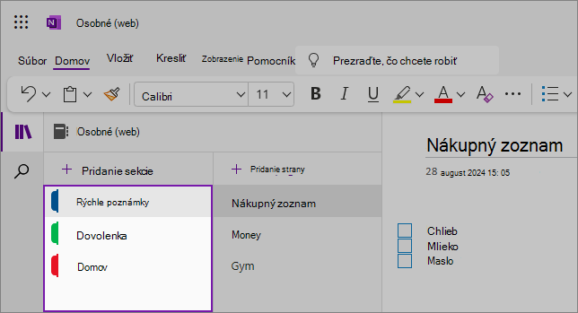 Zobrazenie webového používateľského rozhrania OneNotu so zobrazením oblasti obsahu