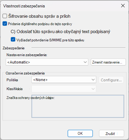 Začiarknite políčka vedľa položky Pridať digitálny podpis k tejto správe a Vyžiadať potvrdenie S/MIME pre túto správu