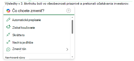 Vybraný text v e-mailovej správe a rozbalená ponuka Copilota zobrazujúca možnosti, čo môžete s týmto textom robiť.
