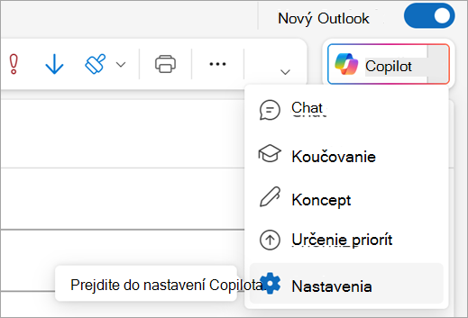 Zobrazuje možnosť Nastavenia v ponuke Copilot v pravom hornom rohu Outlooku.
