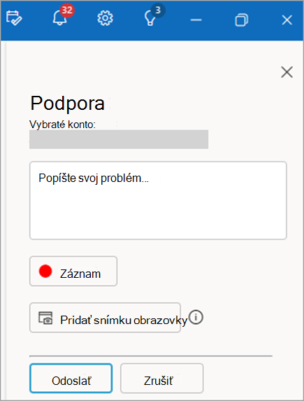 Snímka obrazovky s tablou Kontaktovať podporu so zobrazením oblasti na poskytnutie popisu problému