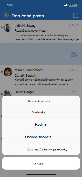 Zobrazuje priečinok doručenej pošty so zoznamom možností priečinka a možnosťou zobrazenia všetkých priečinkov.