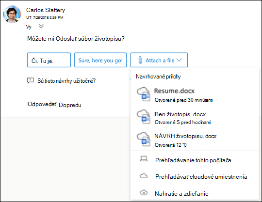 Priloženie navrhovaných súborov v Outlooku.