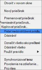 Možnosť Pridať medzi obľúbené položky v kontextovej ponuke
