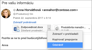 Vyberte šípku nadol a položku Odstrániť na odstránenie prílohy