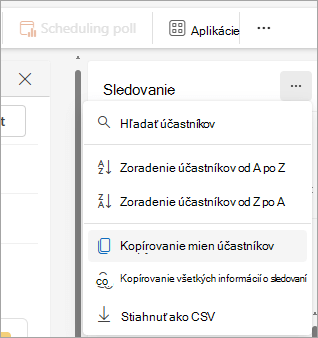 Snímka obrazovky s tablou Sledovanie v novom Outlooku zobrazujúca možnosti rozbaľovacieho zoznamu na kopírovanie zoznamu účastníkov