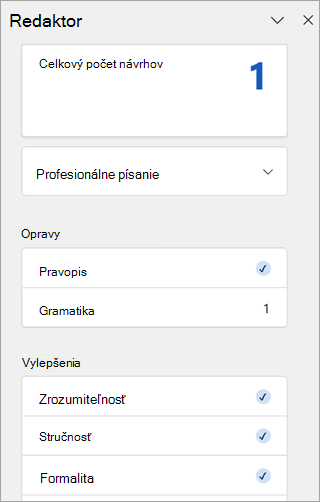 Snímka obrazovky s tablou Editor v Outlooku