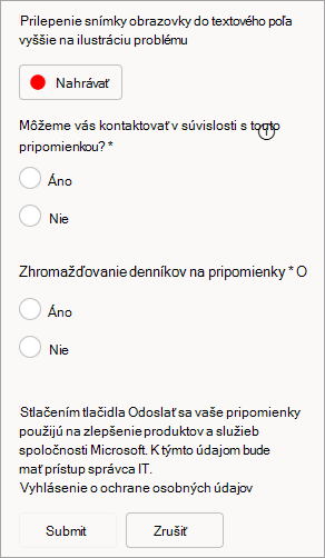 Snímka obrazovky zobrazujúca možnosť povoliť kontaktovanie a odoslať denníky pri odosielaní pripomienok