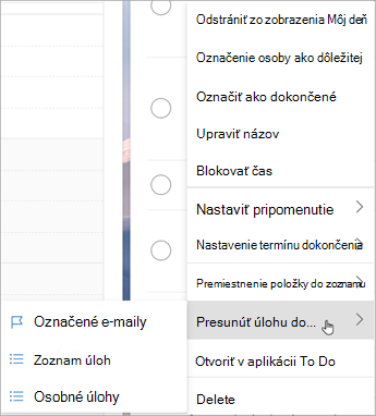 Stlačením a podržaním (alebo kliknutím pravým tlačidlom myši) sa dostanete do kontextovej ponuky. Vyberte položku Premiestniť úlohy do... a vyberte zoznam, do ktorého chcete premiestniť úlohu.