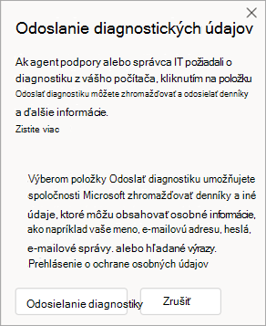 Snímka obrazovky s oknom zobrazujúcim postup odoslania diagnostických údajov počas rozhovoru s agentom