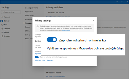 Prepínač zvýrazňovania snímky obrazovky na zapnutie voliteľných online funkcií v Nastaveniach