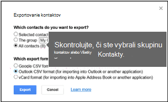 Vyberte kontakty, ktoré chcete exportovať, a na export kontaktov Google vyberte formát csv Outlooku