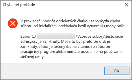 Toto je chybové hlásenie, ktoré sa zobrazí, ak súbor .csv obsahuje zle formátované údaje.