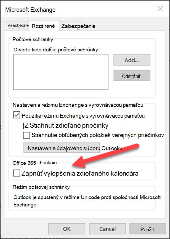 Vylepšenia zdieľaného kalendára môžete zapnúť pomocou začiarkavacieho políčka.