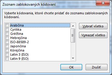 Dialógové okno Zoznam zablokovaných kódovaní