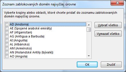 Dialógové okno Zoznam zablokovaných domén najvyššej úrovne
