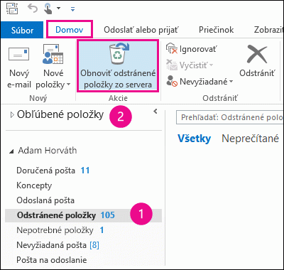 Vyberte priečinok Odstránené položky a kliknite na položku Obnoviť položky zo servera